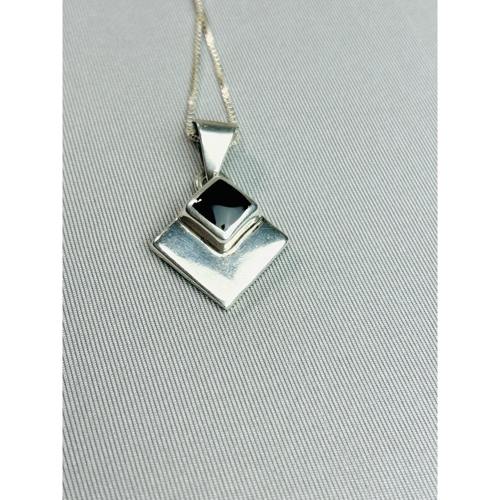 Sterling Silver And Black Geometric Pendant With Chain Necklace .925 Jewelry